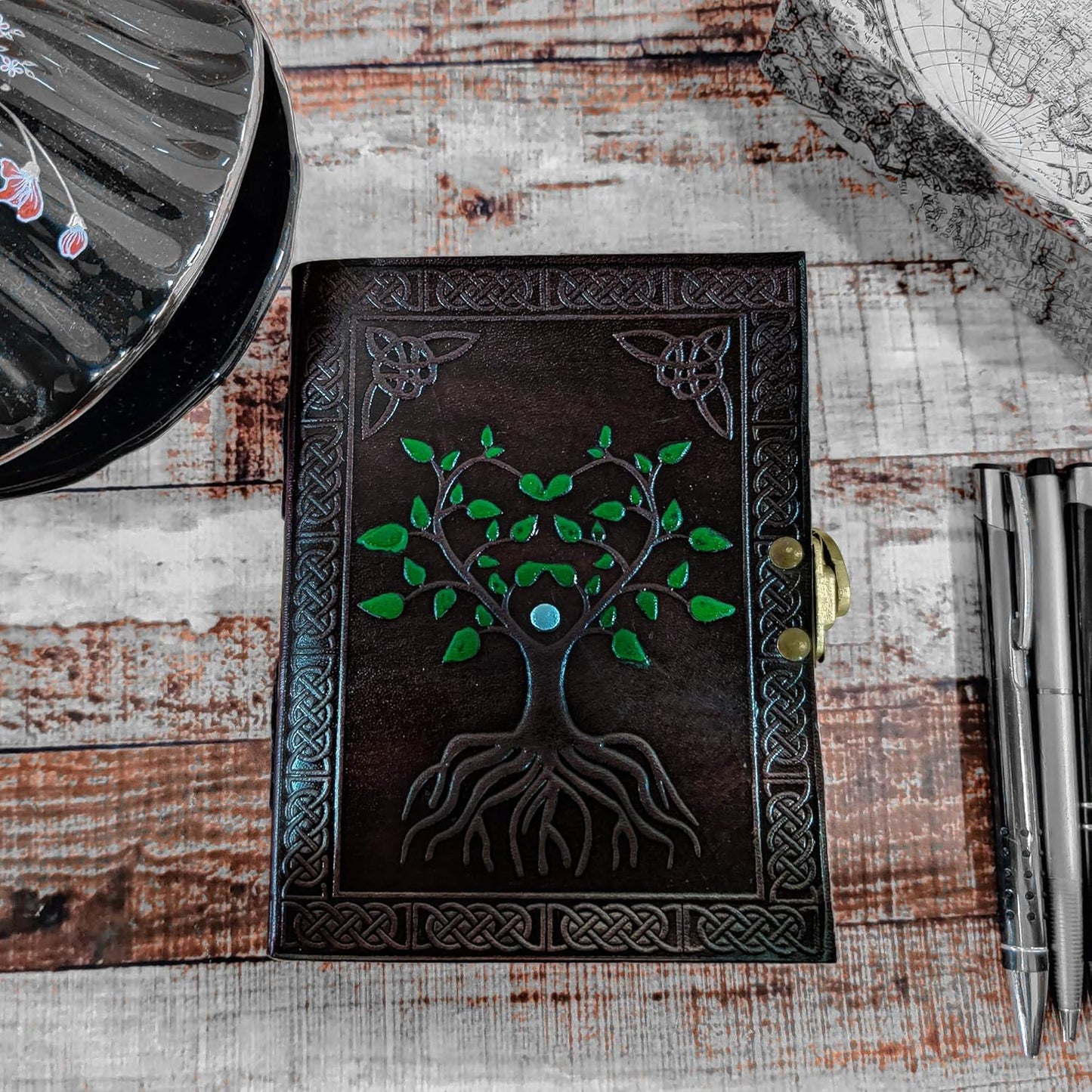 Hand Painted Tree of Life Leather Journal Diary Notebook Men Women Small Gift for Him Her